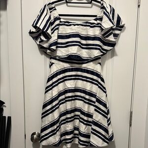 Belle Badgley Mischka Striped Off Shoulder Navy and Cream Cocktail Dress